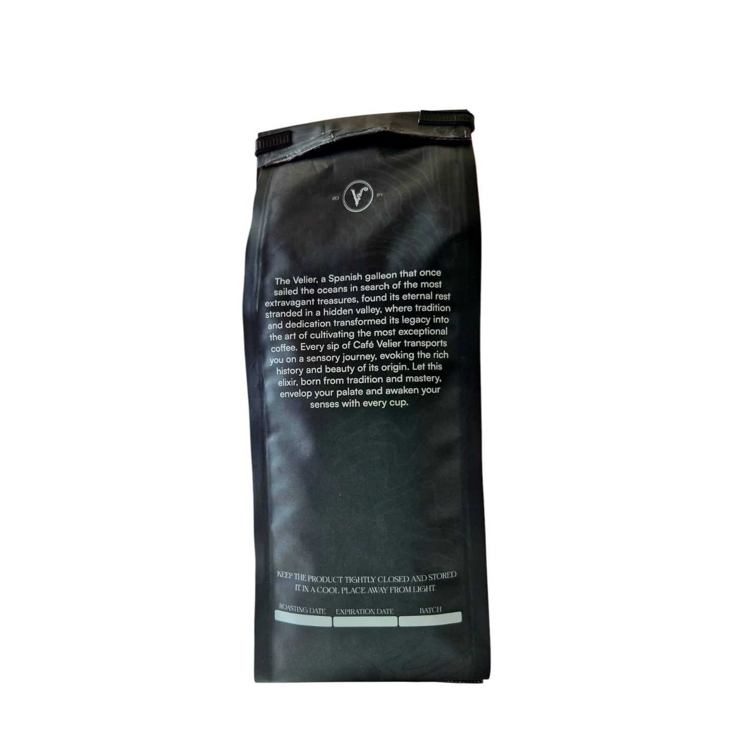 Back view of Cafe VELIER coffee bag, 'Maestria Watermelon', black, with a paragraph describing the brand story of 'The Velier' galleon, and fields for roasting date, expiration date, and batch number.