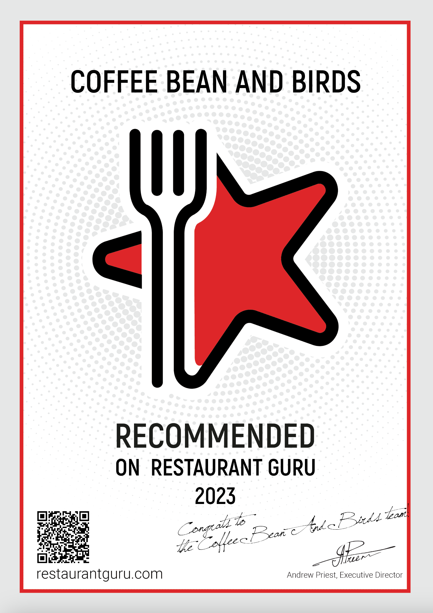 Award cetificate Coffee Bean and Birds from Restaurant Guru 2023