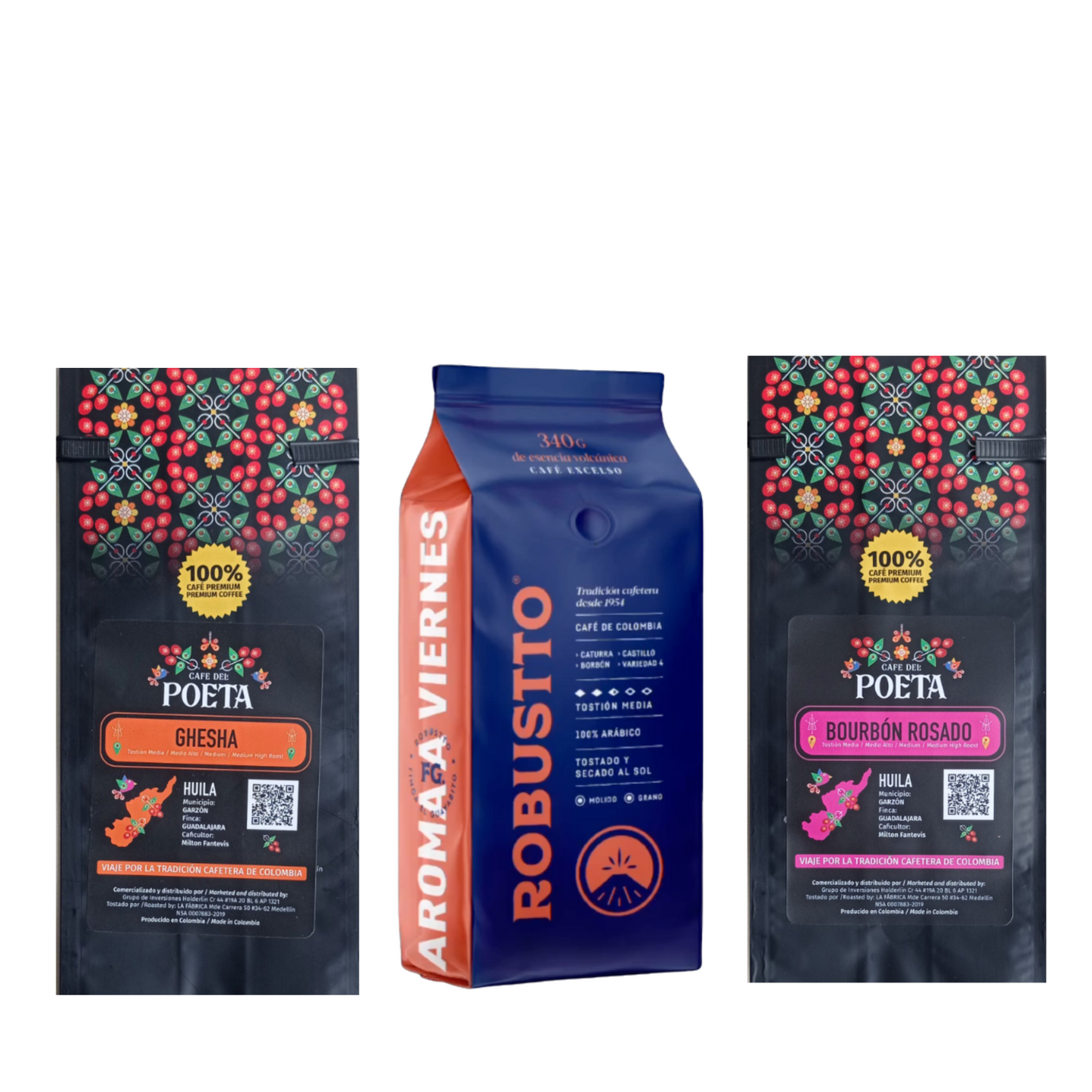Combo Del Poeta Ghesha, Del Poeta Bourbon Rosado and Robustto Specialty Coffees. Combo 3 bags here at Coffeebeanandbirds.com