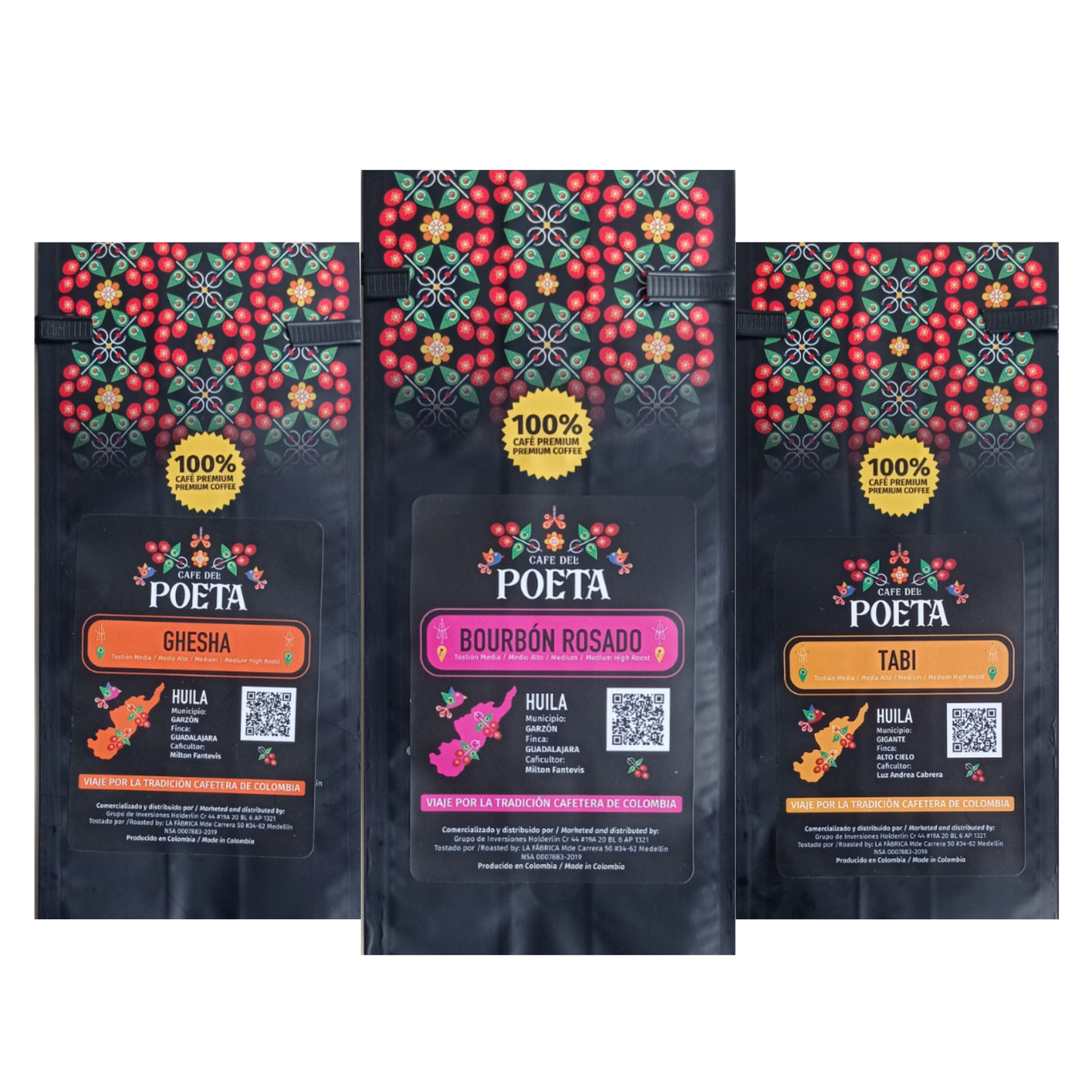 Del Poeta Combo Pack .Three varieties Ghesha, Pink Bourbon and Tabi Single-Origin Colombian Coffee