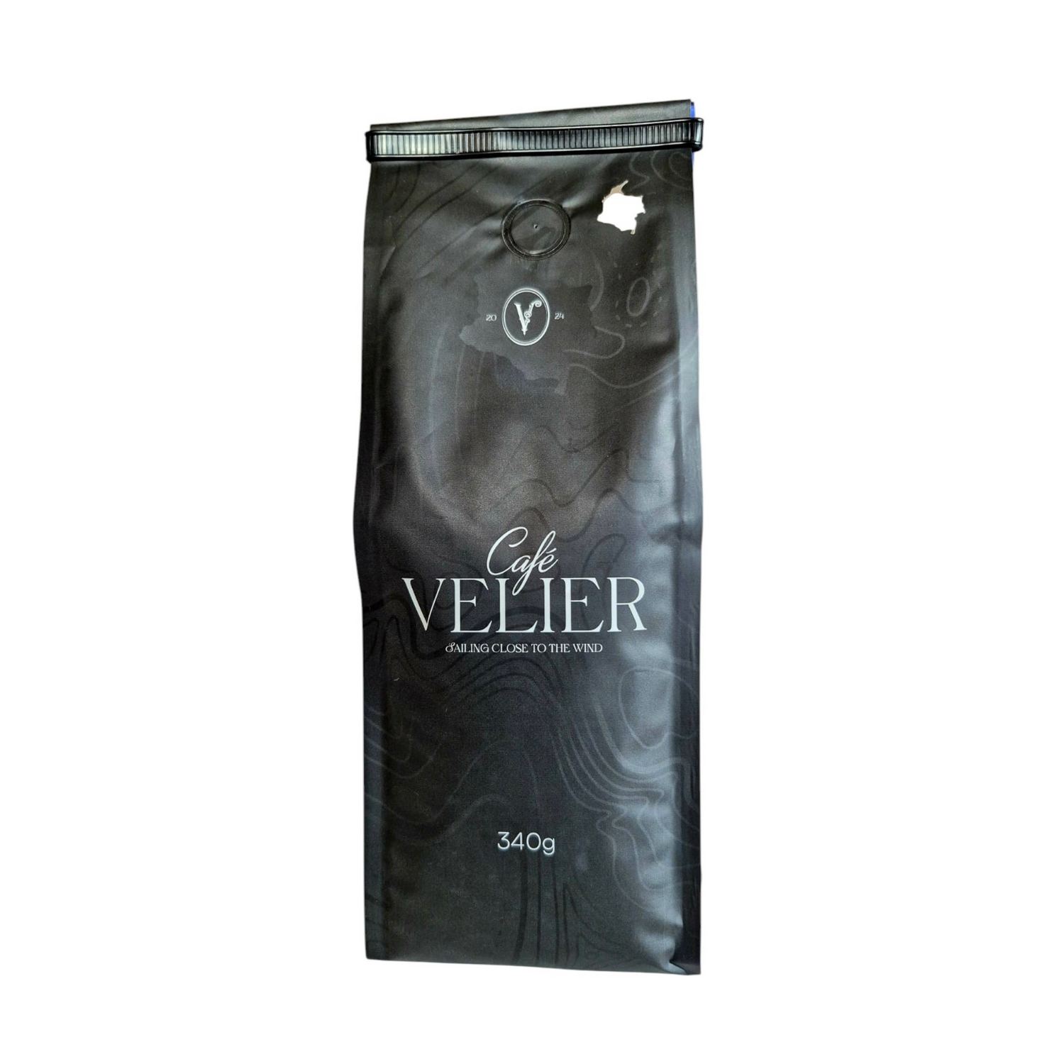 Front view of Cafe VELIER coffee bag, black with silver text, showing the brand logo, 'Cafe VELIER', 'Maestria Watermelon', and '340g' weight.