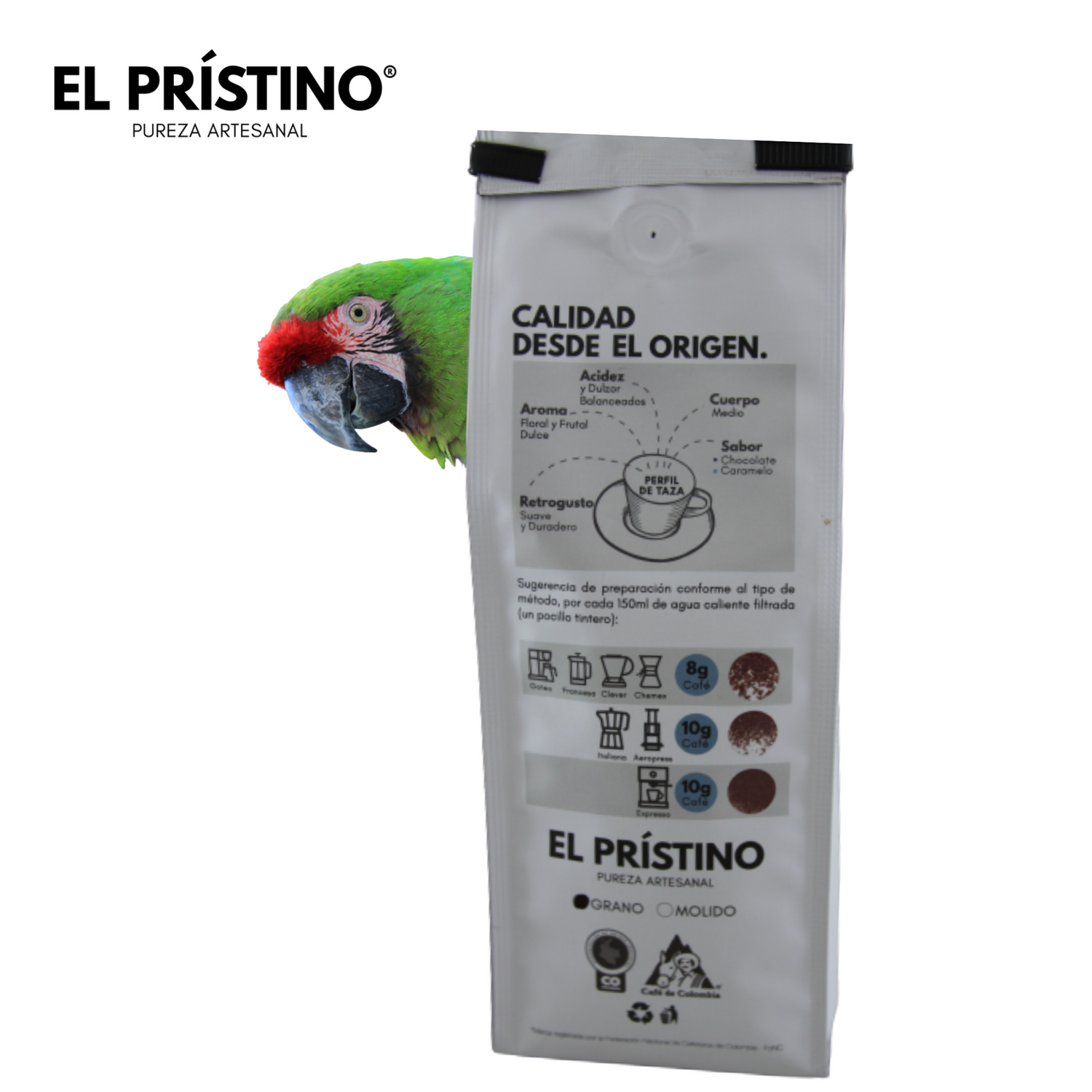 El Pristino Specialty Colombian Coffee. Medium to dak roast. Buy it here at Coffee Bean and Birds