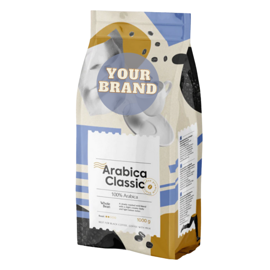 Private Label Coffee packaged in Customized Polyester Metallic bags at Coffee Bean and Birds