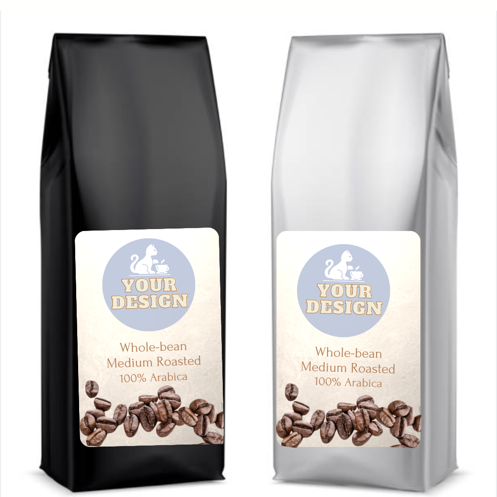 Private Label Coffee packaged in Quad Seal Polyester Metallic bags and labels